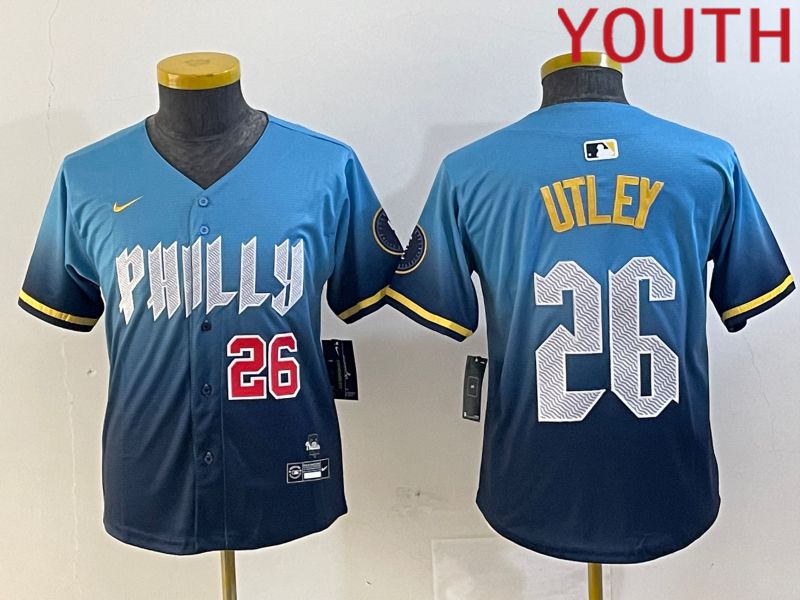 Youth Philadelphia Phillies 26 Utley Blue City Edition 2024 Nike MLB Jersey style 2